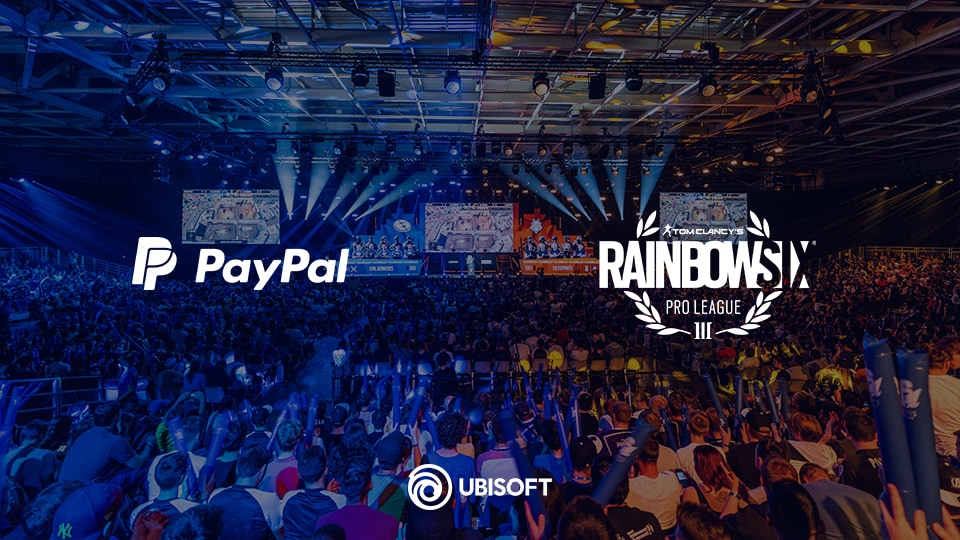 Logos PayPal, Ubisoft, et Rainbow Six Siege Pro League, sur fond représentant le public d'un tournoi professionnel eSport de Rainbow Six Siege.