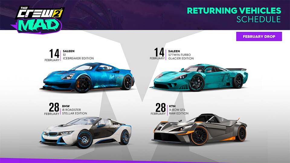 [TC2] News Article – The Crew 2 Mad Content Overview - VEHICLES COMEBACK INFOGRAPHIC FEBRUARY