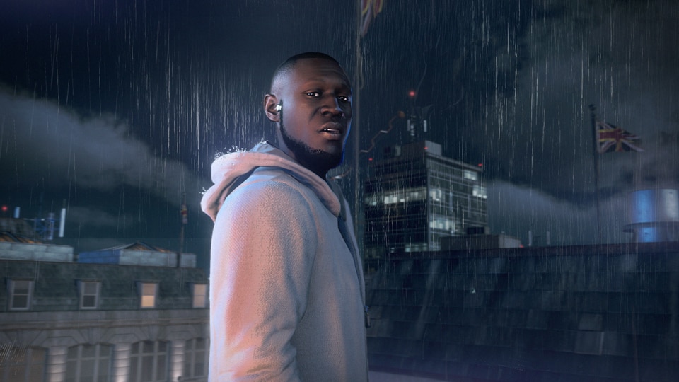 Stormzy in game standing in the rain