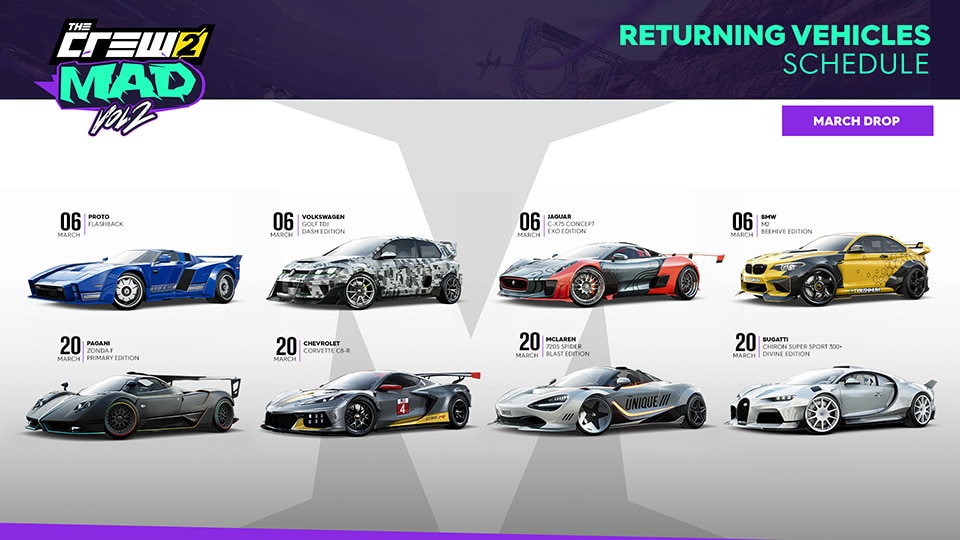 [TC2] News Article – The Crew 2 Mad Content Overview - Feb 2024 - VEHICLES COMEBACK INFOGRAPHIC March