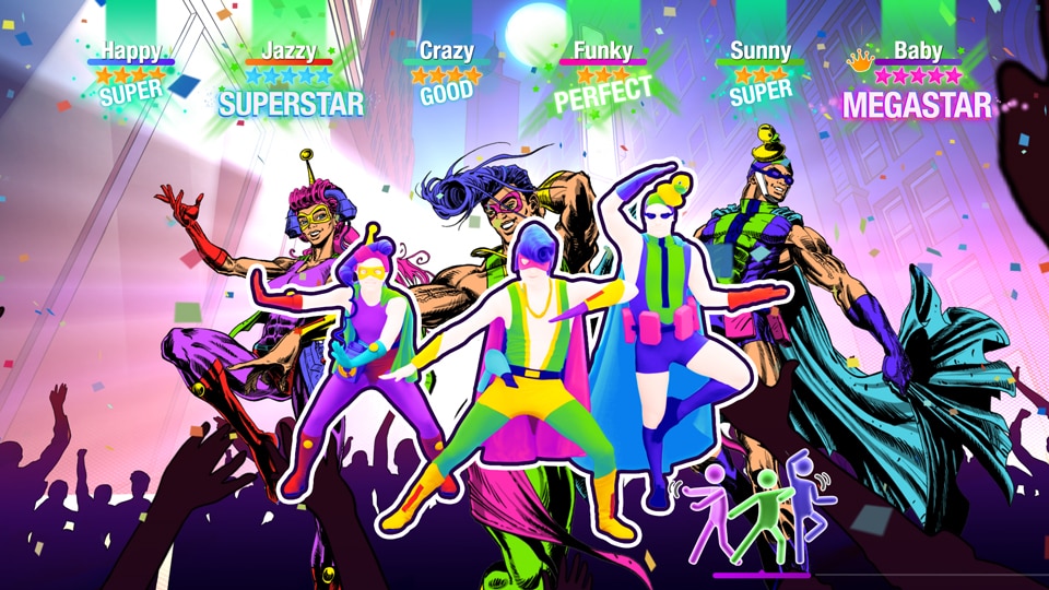 Game screen shot with super hero dancers